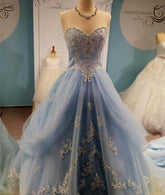 Charming Princess Blue Lace Tulle Sweetheart Ball Gown Prom Dress
